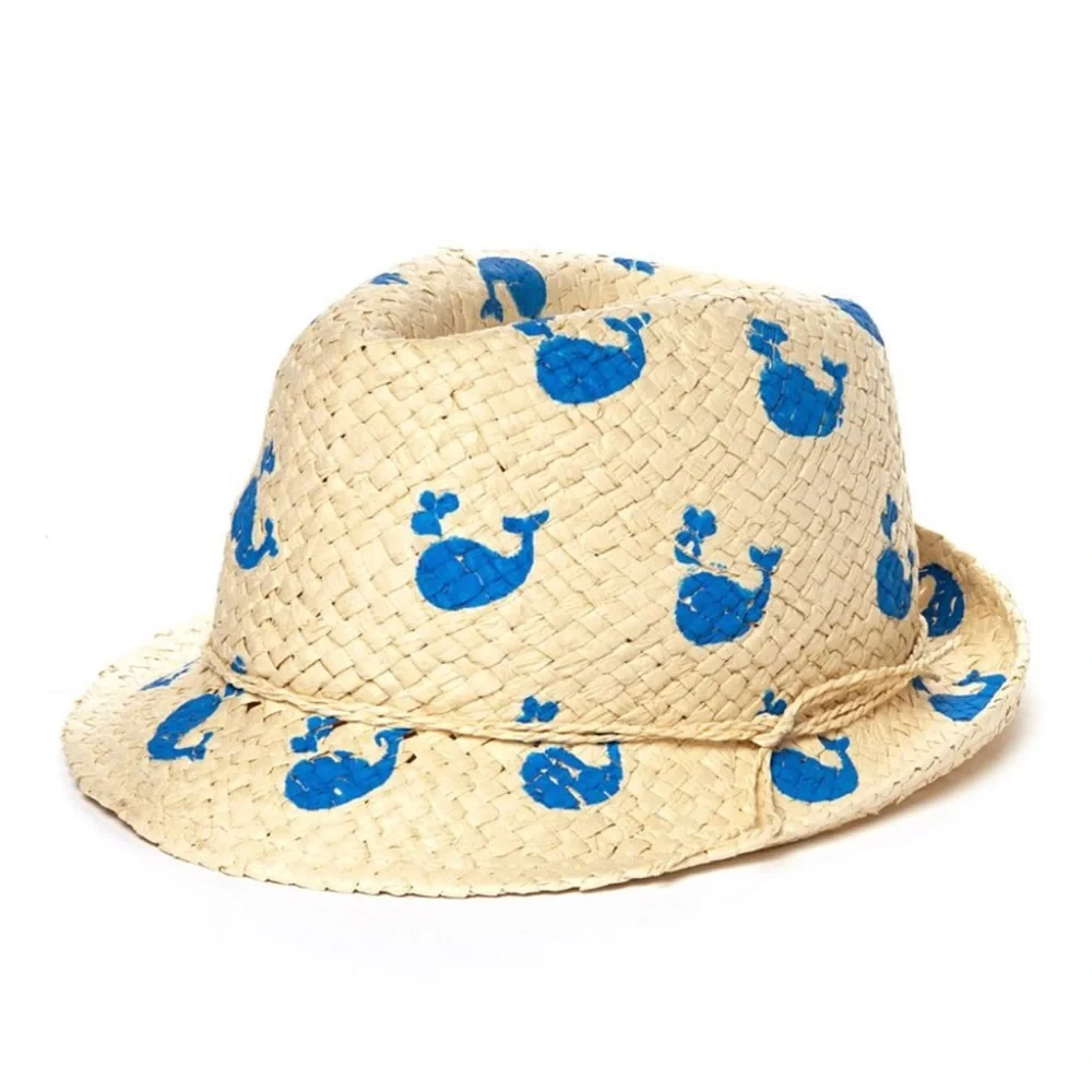 David and Young Natural Straw Kids Fedora Bright Blue Whale Print Casual NWT